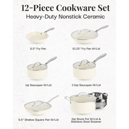 Gotham Steel Naturals Cream 12 Piece Ultra Nonstick Ceramic Cookware